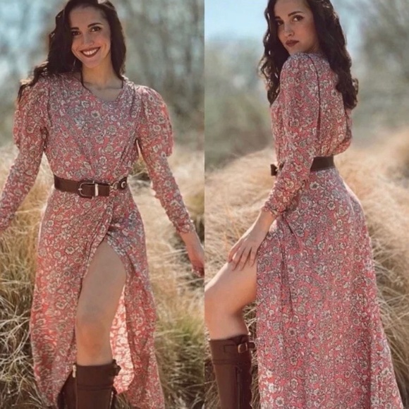 ZARA Floral Printed Long Puff Ruched Sleeve Draped‎ Midi Dress Size Small - Picture 3 of 16